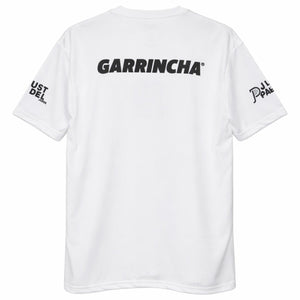 Achterzijde van het witte Justpadel x Garrincha T-shirt met rugopdruk