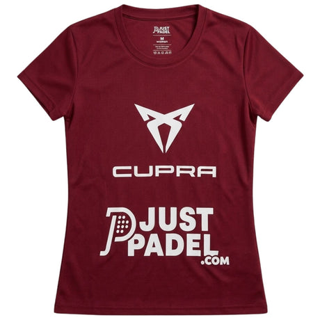 Justpadel x Padel Pirates damesshirt in bordeauxrood met Cupra-logo