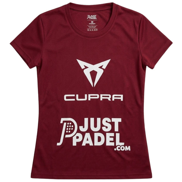 Justpadel x Padel Pirates damesshirt in bordeauxrood met Cupra-logo