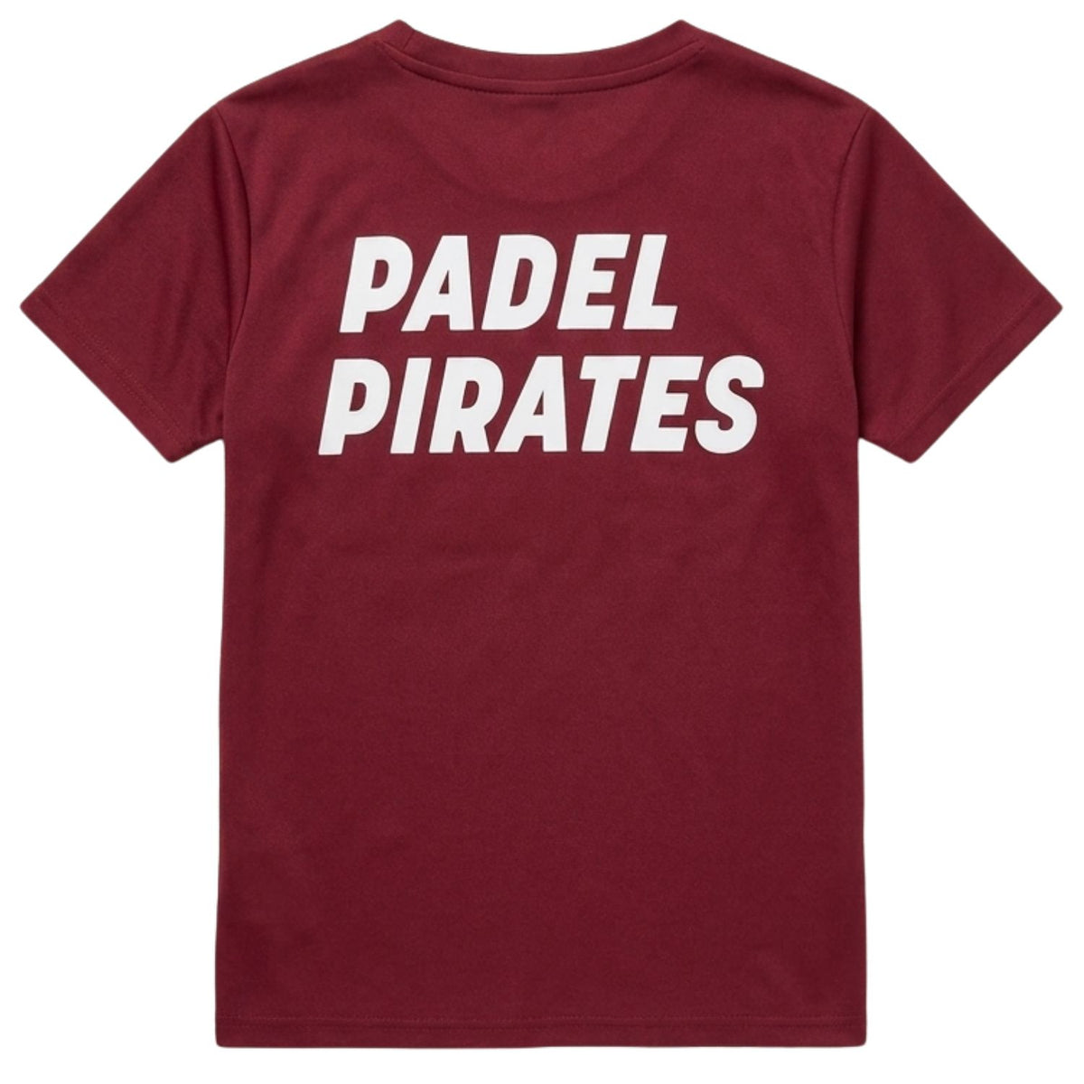 Achterzijde van het bordeauxrode Padel Pirates damesshirt met rugopdruk