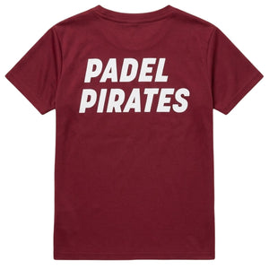 Achterzijde van het bordeauxrode Padel Pirates damesshirt met rugopdruk