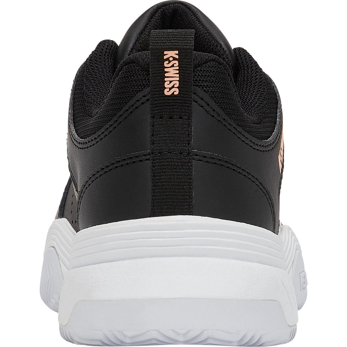 Achteraanzicht van de zwarte K-Swiss Court Express 2 met koperkleurig logo