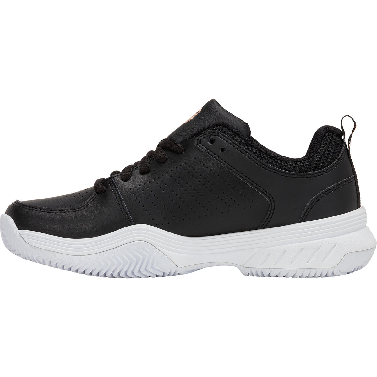 Zwarte K-Swiss Court Express 2 damesschoen met witte zool, schuin zijaanzicht