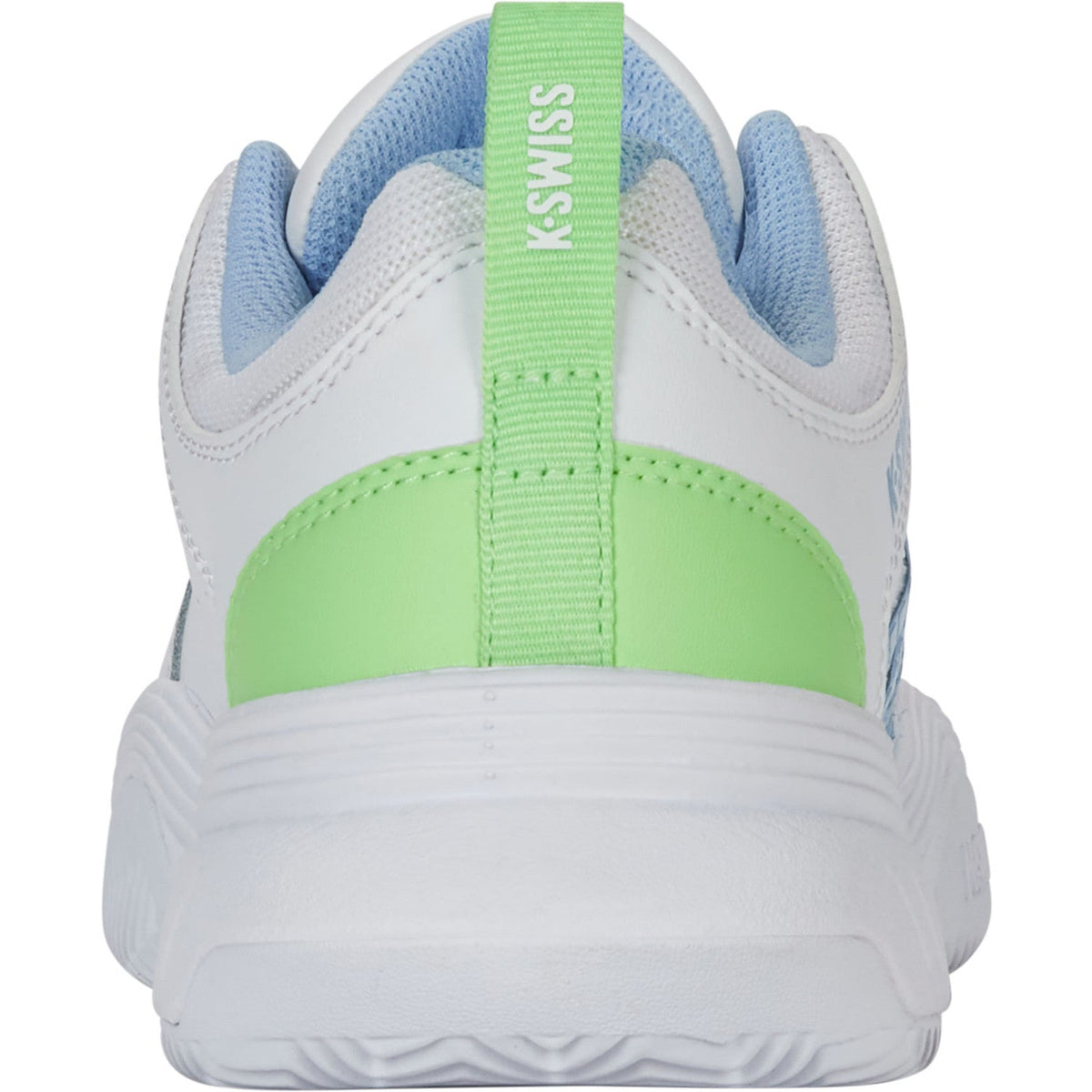 Achteraanzicht van de witte K-Swiss Court Express 2 met groene hielband