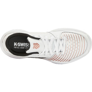Bovenaanzicht van de K-Swiss Court Express HB met oranje strepen en witte veters