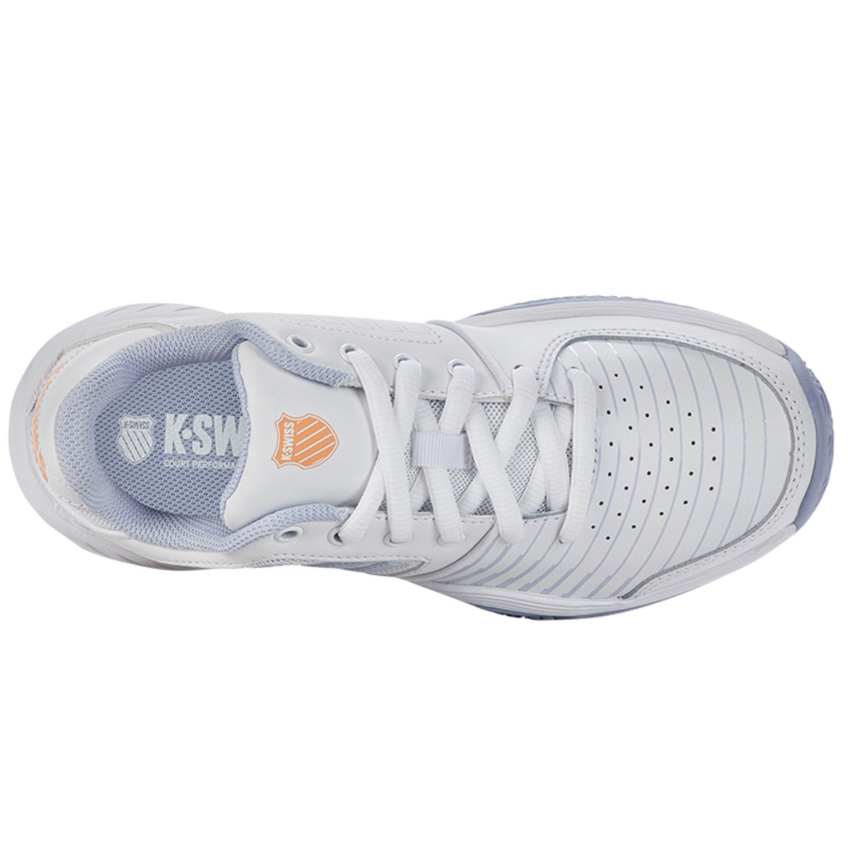 Bovenaanzicht van de witte K-Swiss Court Express HB met lichtblauwe inzet en logo