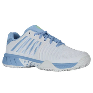 Schuin zijaanzicht van de witte K-Swiss Express Light 3 Clay W met blauwe hiel