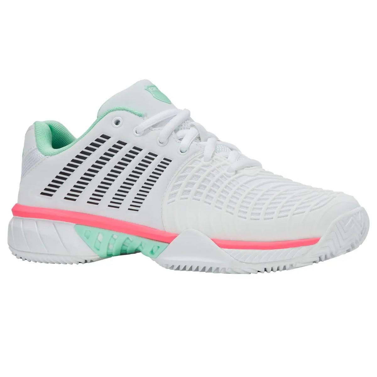 Schuin zijaanzicht van de witte K-Swiss Express Light 3 Clay W met mintgroene hiel