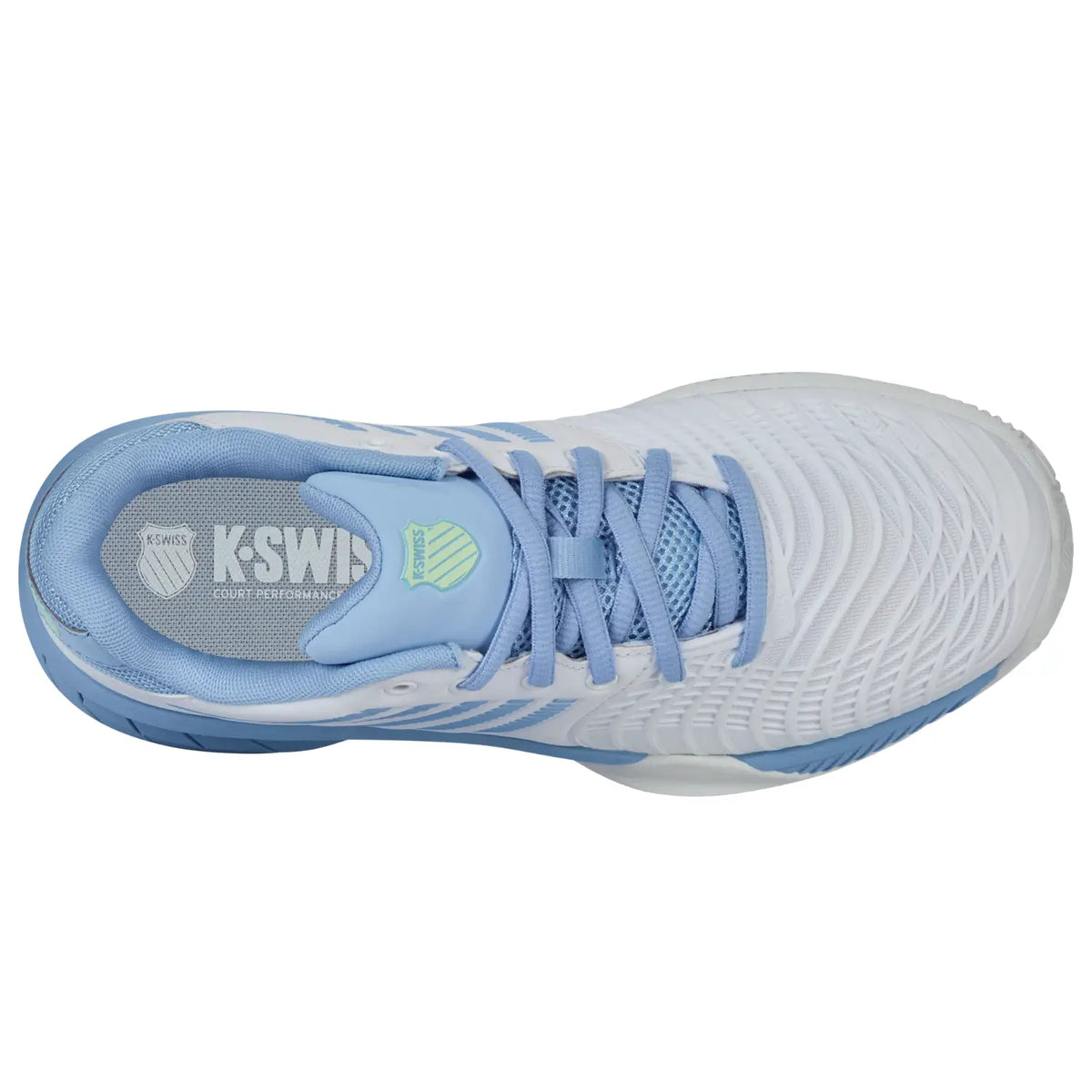 Bovenaanzicht van de witte K-Swiss Express Light 3 Clay W met blauwe tong