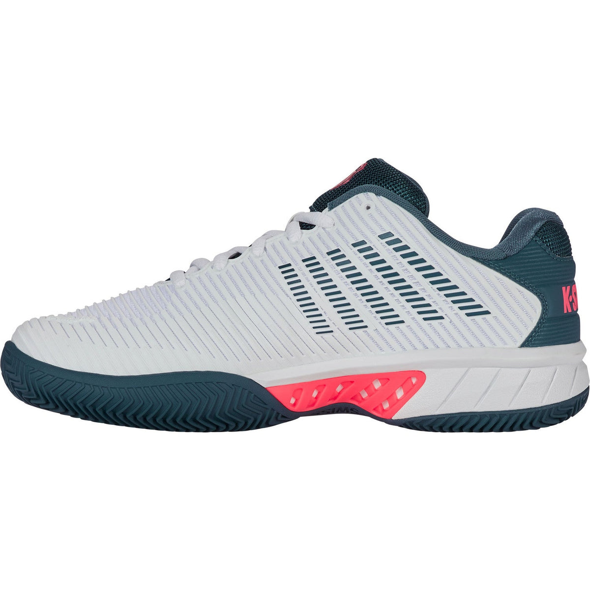 Binnenzijde van de K-Swiss Hypercourt Express 2 Clay White/Stargazer/Neon Blaze met petrolgroene hiel