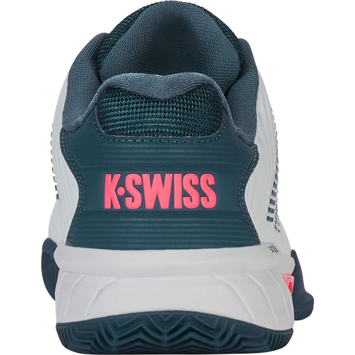 Achteraanzicht van de witte K-Swiss Hypercourt Express 2 Clay met roze logo
