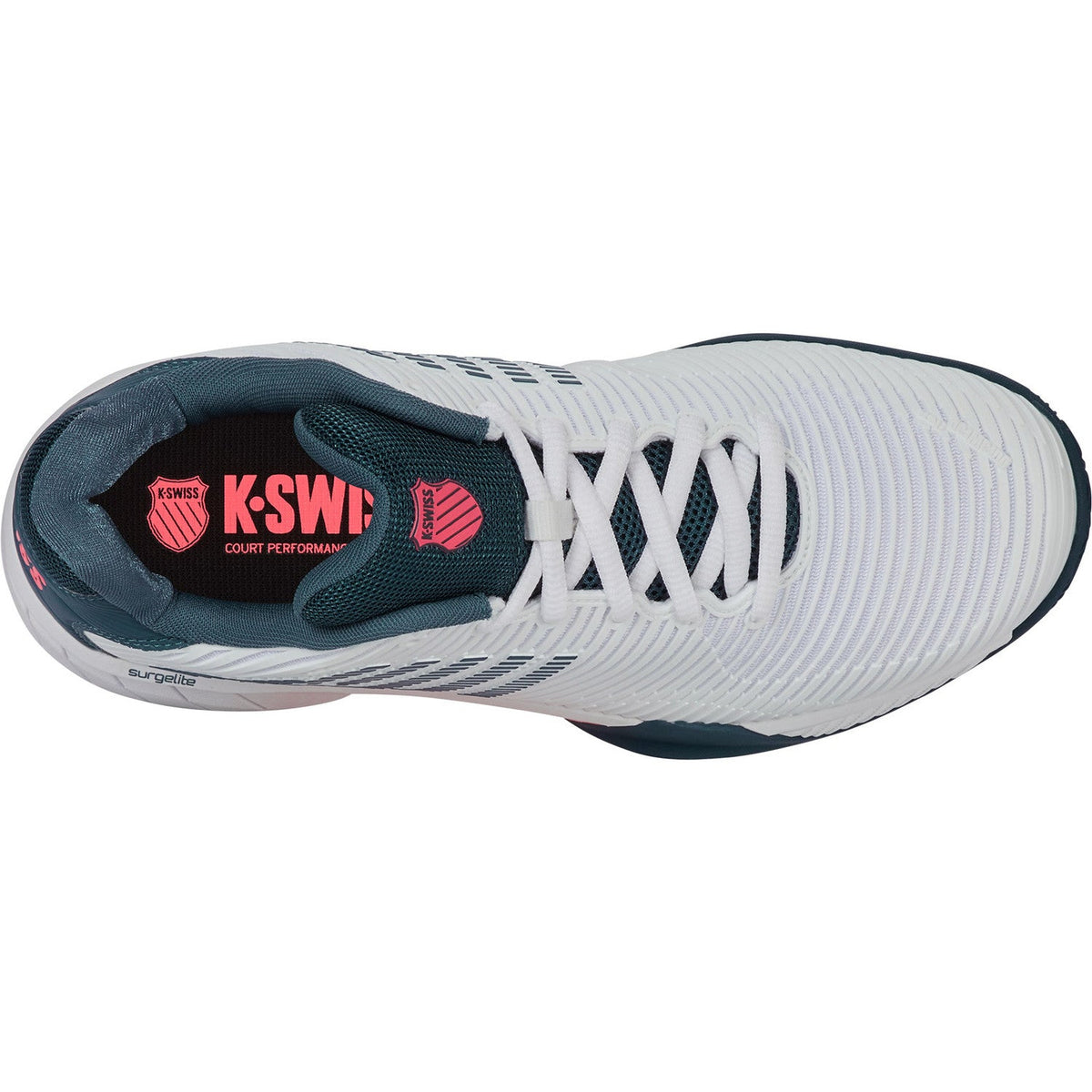 Bovenaanzicht van de K-Swiss Hypercourt Express 2 Clay White/Stargazer/Neon Blaze met witte veters