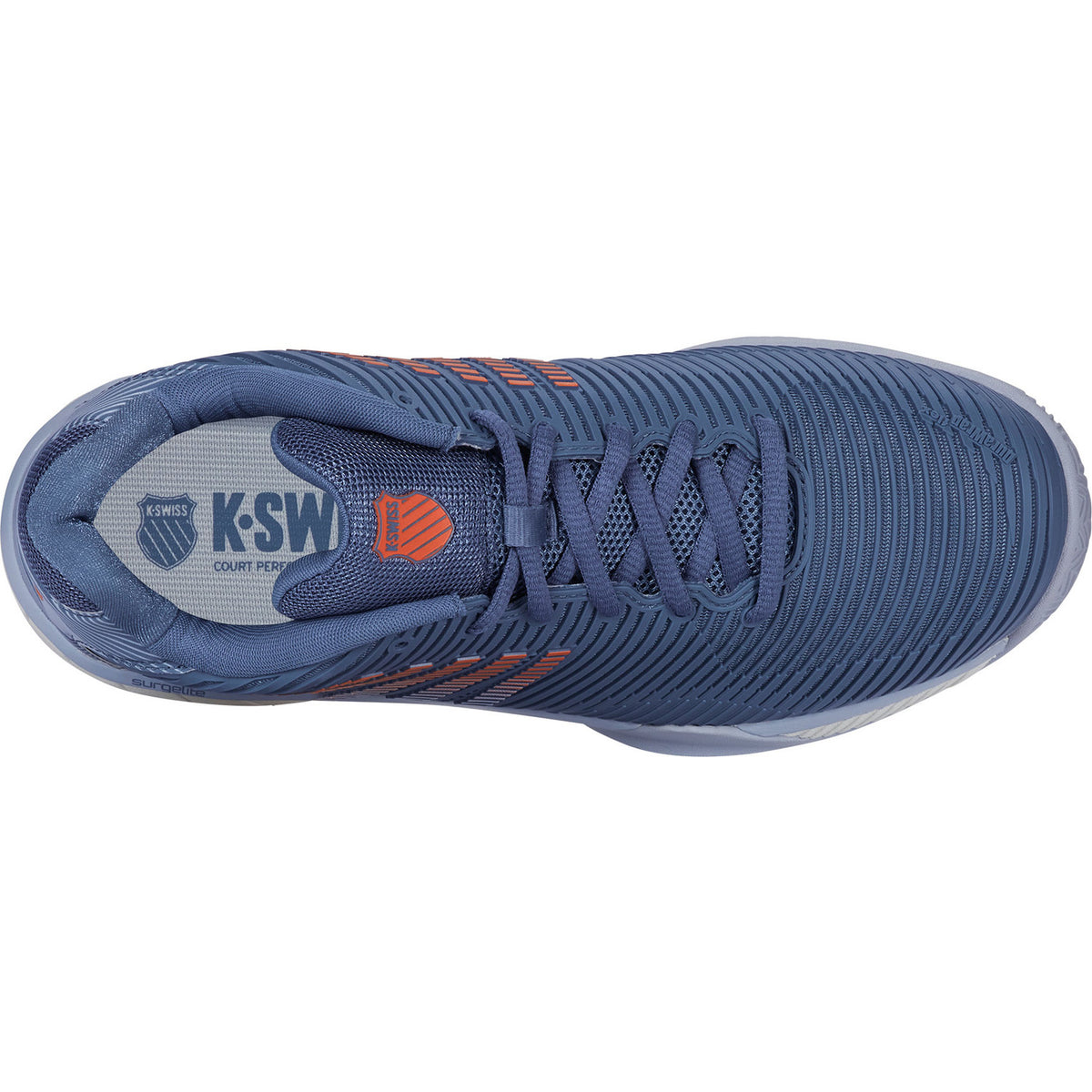 Bovenaanzicht van de blauwgrijze K-Swiss Hypercourt Express 2 Clay met logo