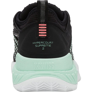 Achteraanzicht van de zwarte K-Swiss Hypercourt Supreme 2 Clay met roze strepen