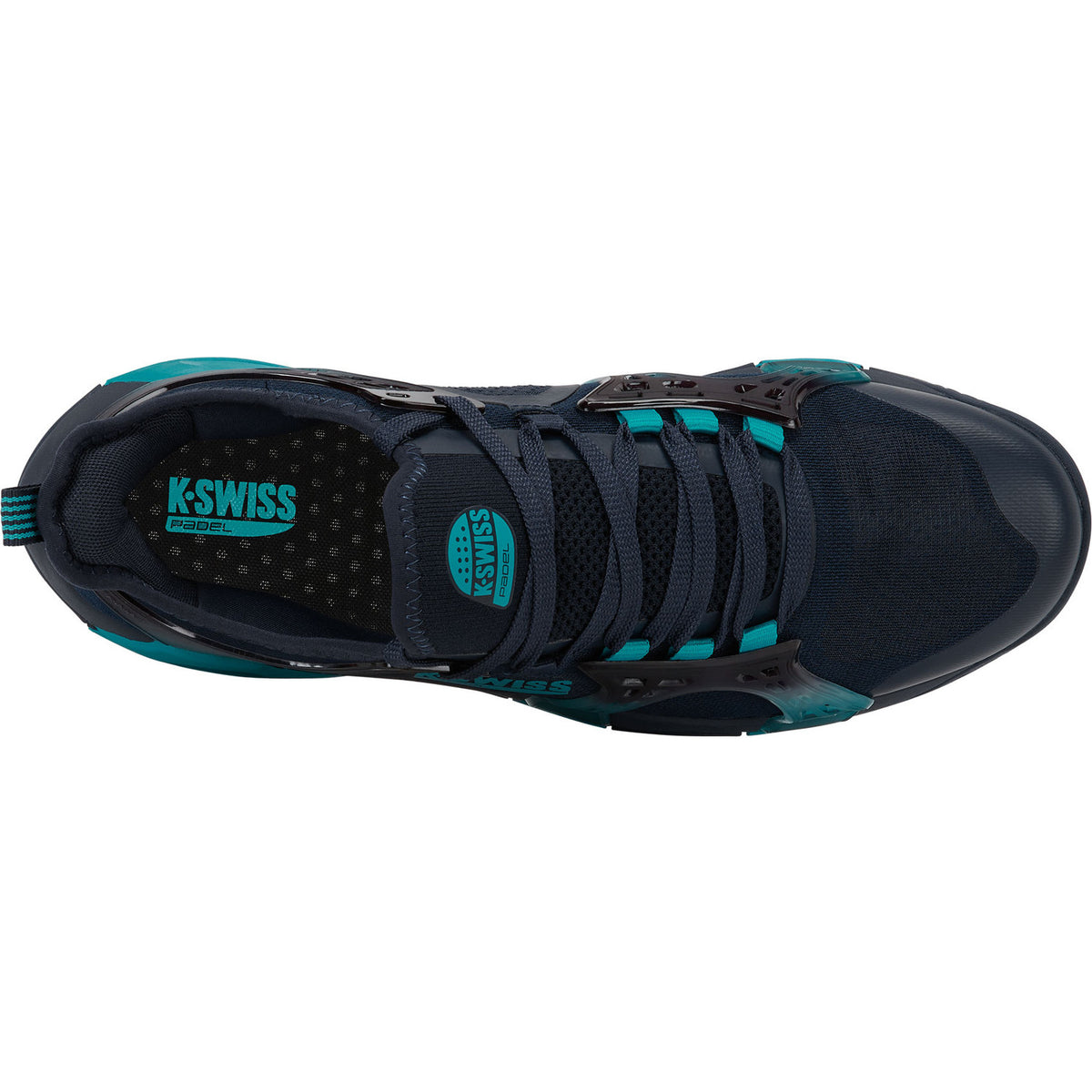 Bovenaanzicht van de donkerblauwe K-Swiss K-Frame met turquoise veters