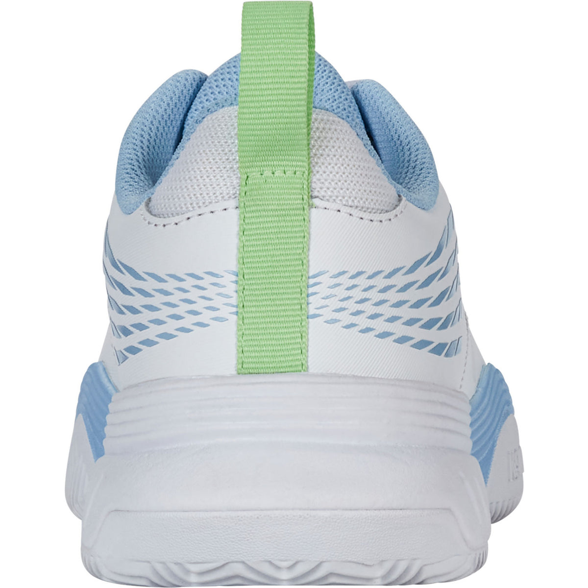 Achteraanzicht van de witte K-Swiss Speedex Clay W met groene hielband