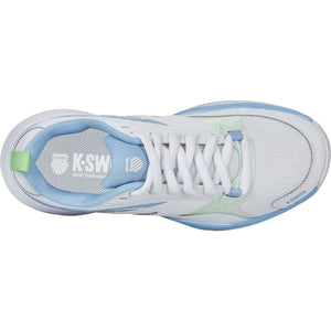 Bovenaanzicht van de witte K-Swiss Speedex Clay W met lichtblauwe tong