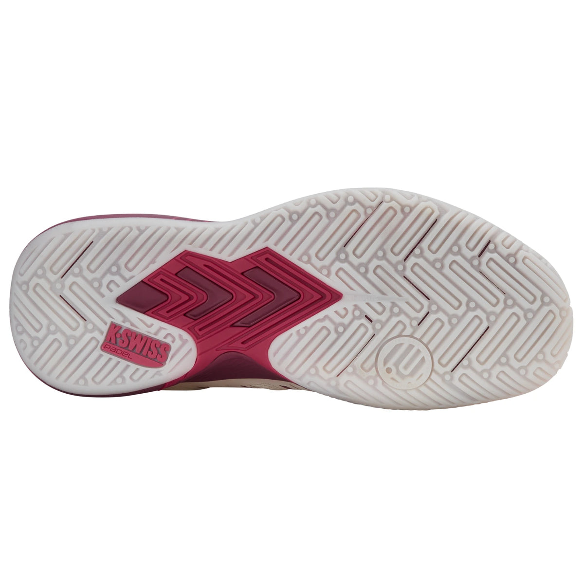 Cremekleurige zool van de K-Swiss Ultra Court W met bordeauxrood middenstuk