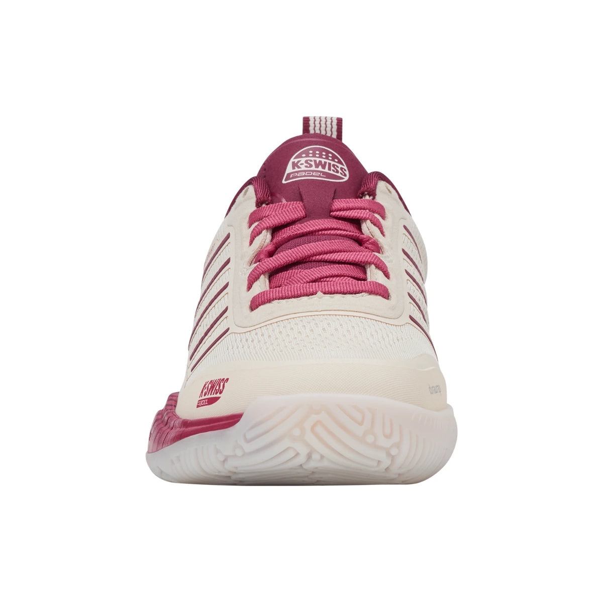 Vooraanzicht van de cremekleurige K-Swiss Ultra Court W met roze veterpartij