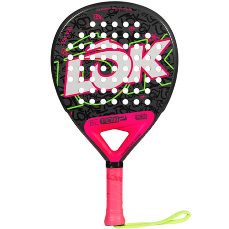 Lok Be Flow 2 padelracket in zwart met roze en limegroen, vooraanzicht