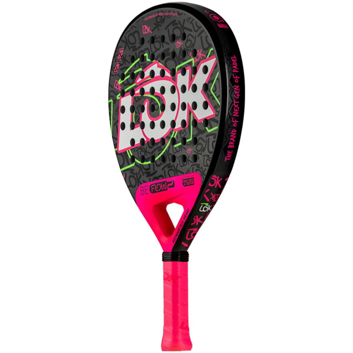 Lok Be Flow 2 padelracket schuin vooraanzicht, rondvorm in zwart en roze