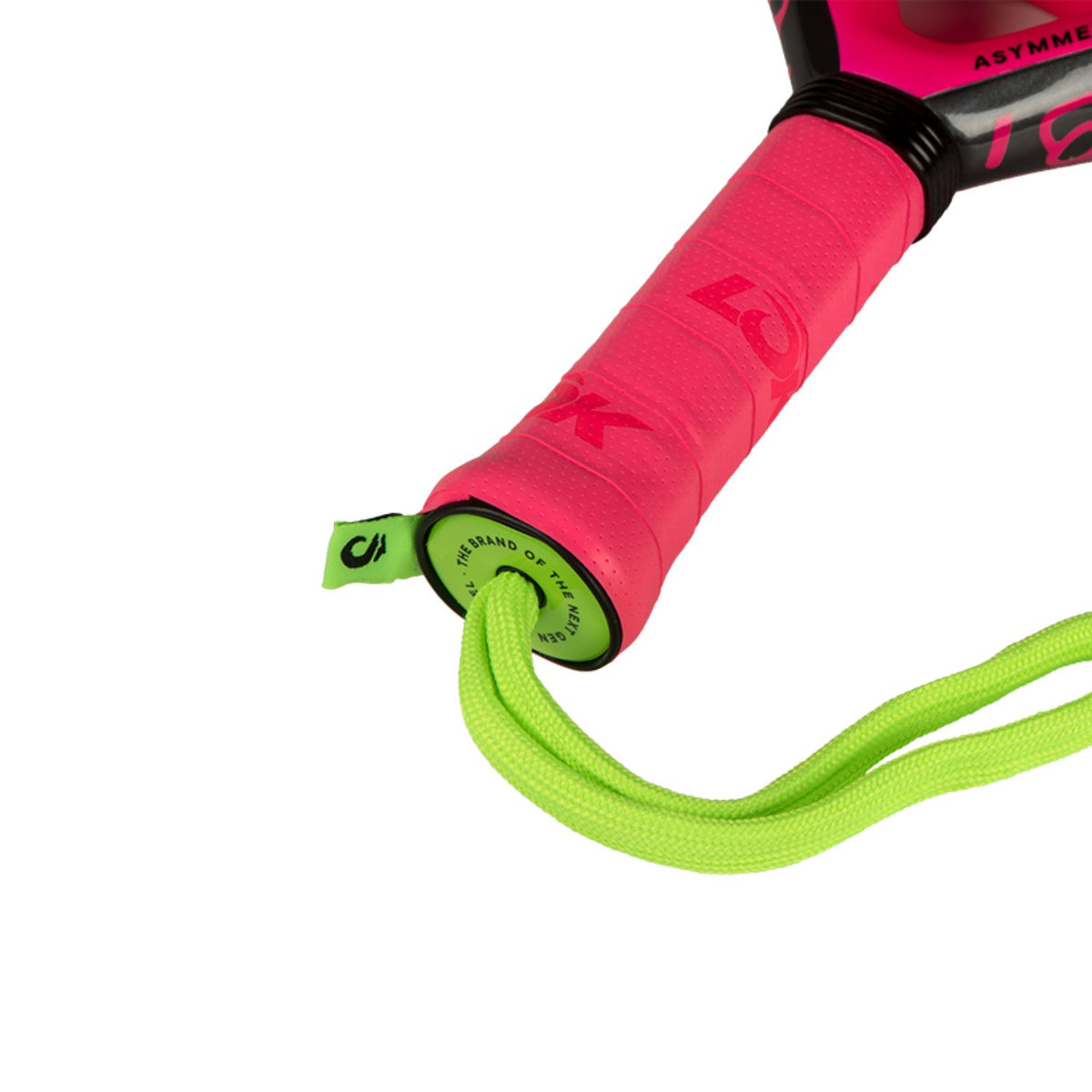 Close-up van de roze grip en limegroene polsband van het Lok Be Flow 2