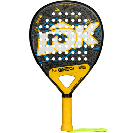 Lok Be Flow 2 padelracket in zwart met geel en blauw, vooraanzicht