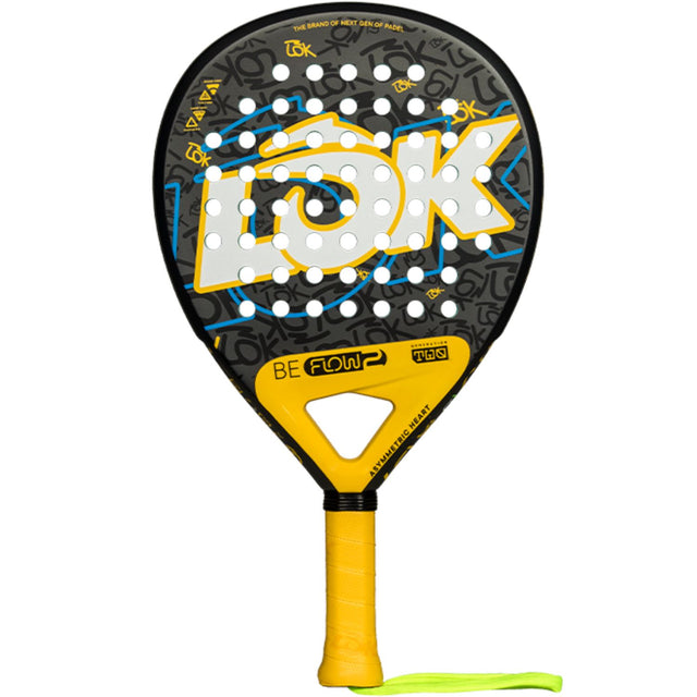 Lok Be Flow 2 padelracket in zwart met geel en blauw, vooraanzicht