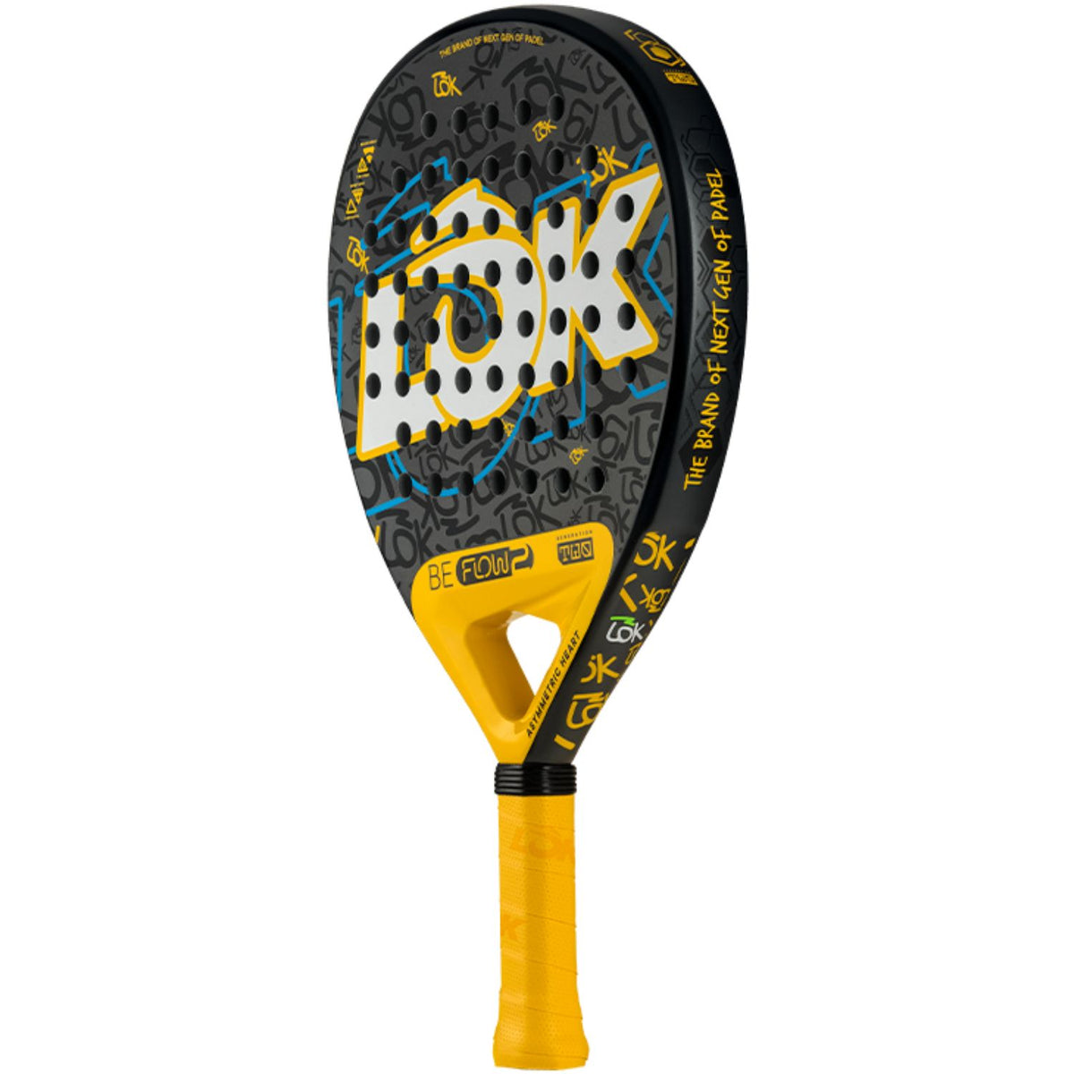 Lok Be Flow 2 padelracket schuin vooraanzicht, rondvorm in zwart en geel