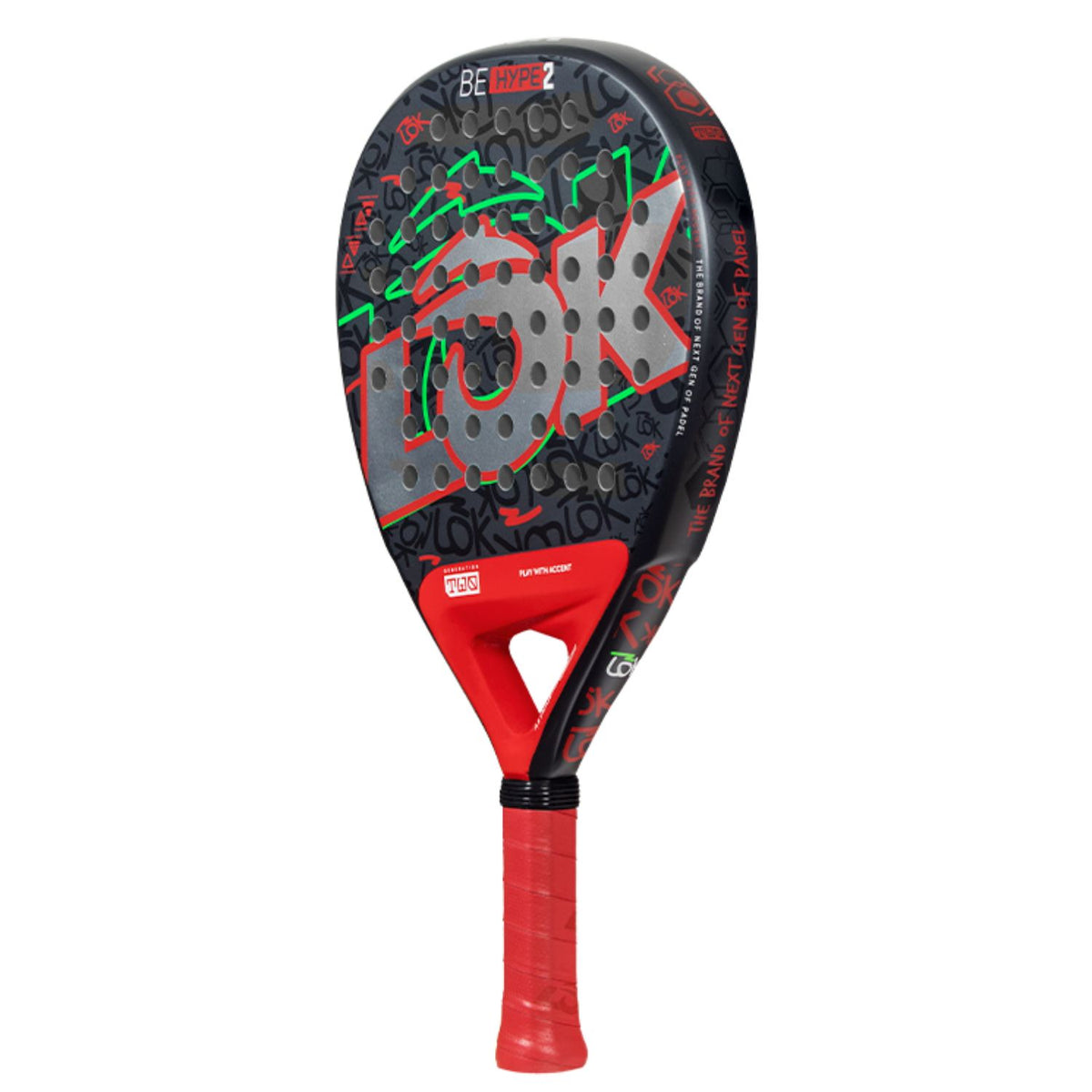 Lok Be Hype 2 padelracket schuin vooraanzicht, diamantvorm in zwart en rood