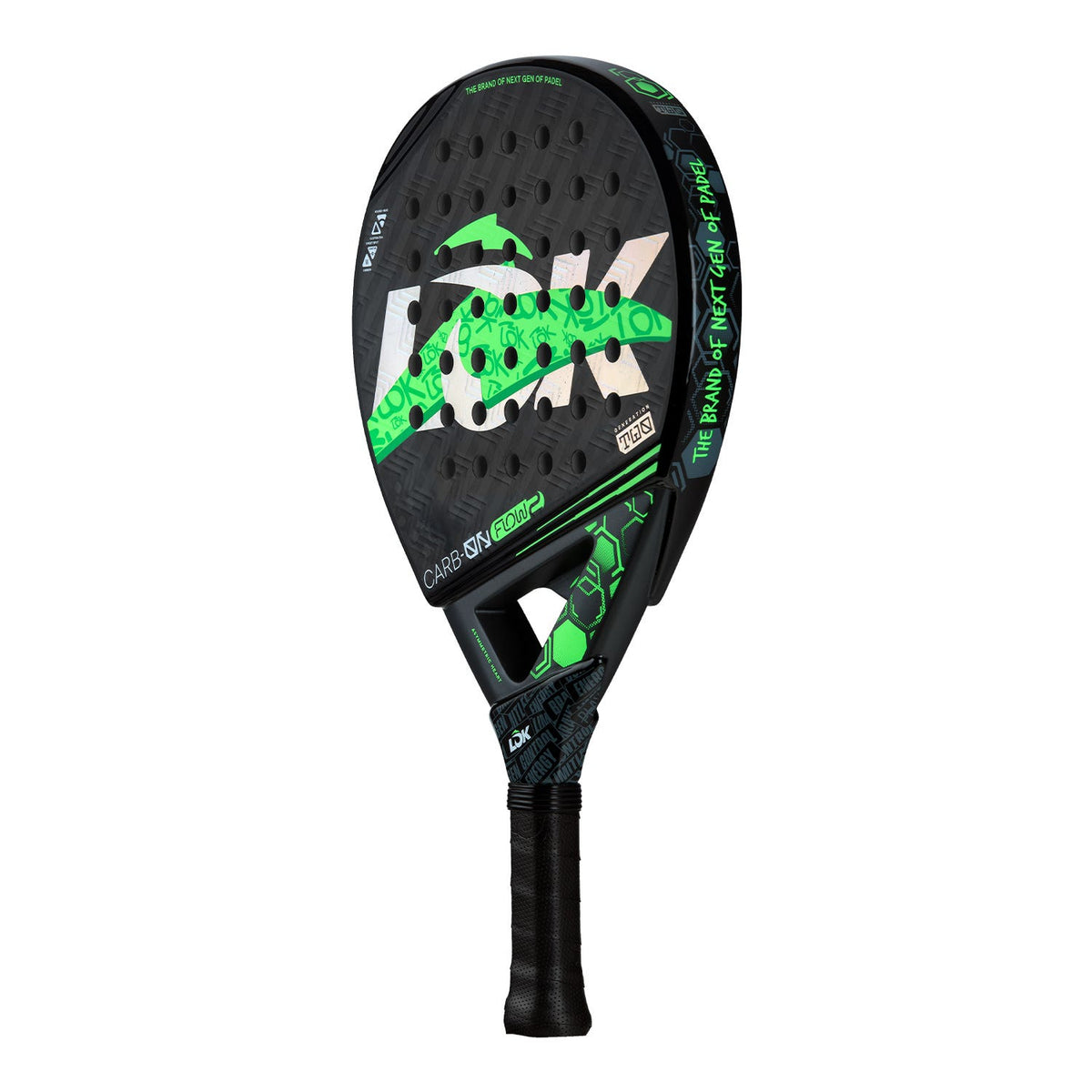 Lok Carbon Flow 2 padelracket schuin vooraanzicht, rondvorm in zwart carbon