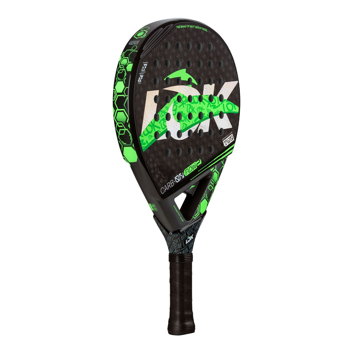 Lok Carbon Flow 2 padelracket schuin achteraanzicht met groen LOK-logo