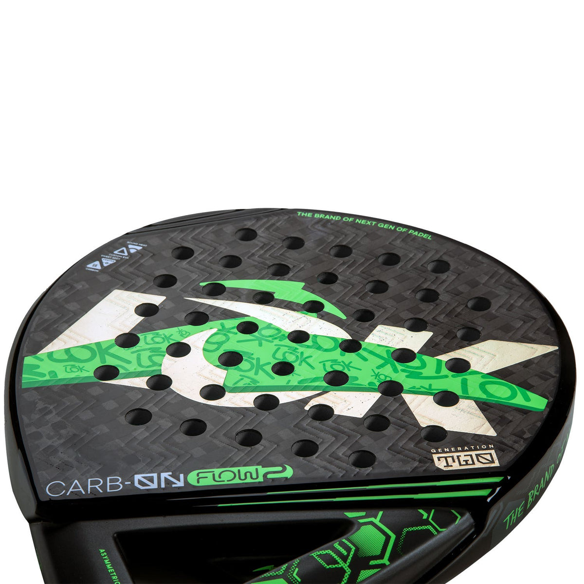 Close-up van het carbon slagvlak van het Lok Carbon Flow 2 met groen LOK-logo
