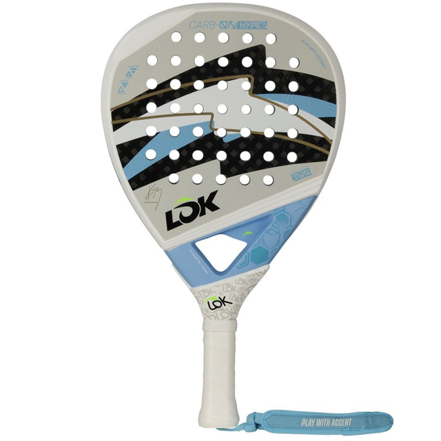 Lok Carbon Hype 2 FDB padelracket in wit met blauw, vooraanzicht met polsband