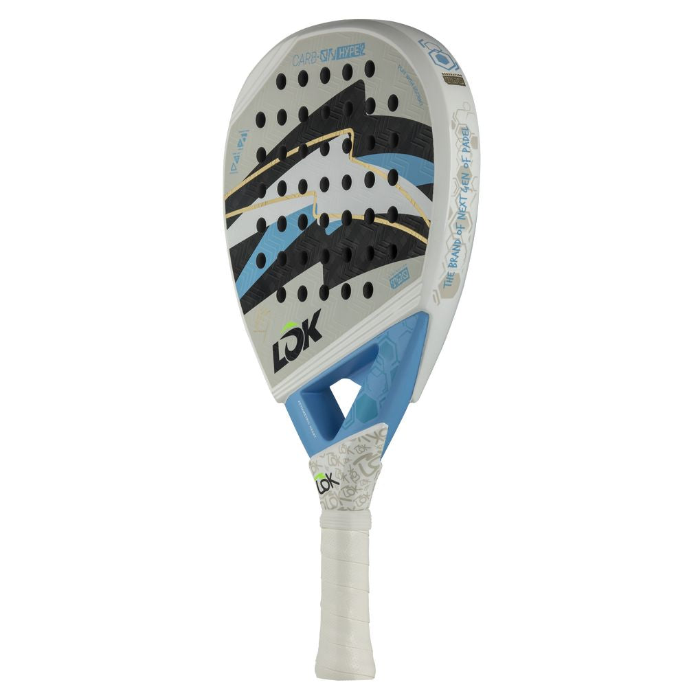 Lok Carbon Hype 2 FDB padelracket schuin vooraanzicht, diamantvorm in wit en blauw