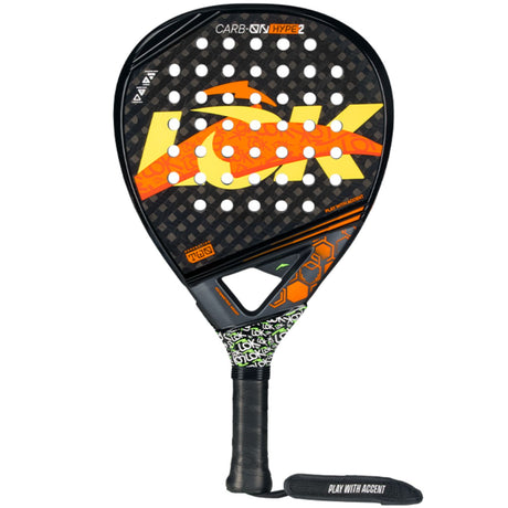 Lok Carbon Hype 2 padelracket in zwart met oranje en geel logo, vooraanzicht