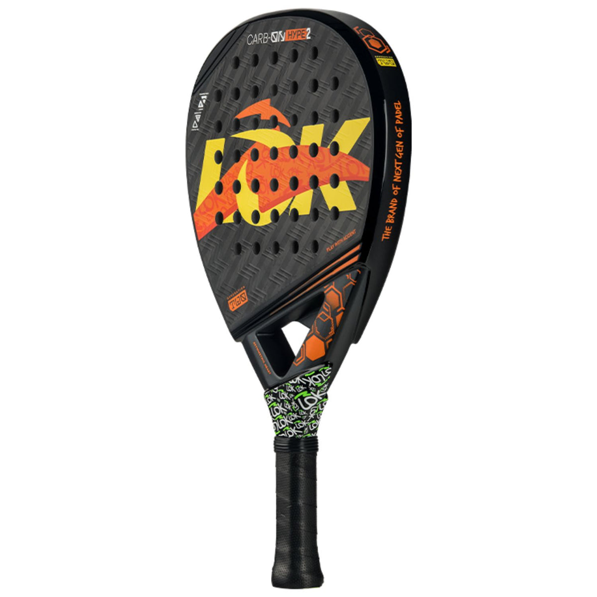 Lok Carbon Hype 2 padelracket schuin vooraanzicht, diamantvorm in zwart met oranje