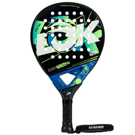 Lok Easy Flow 2 padelracket in blauw met groen, vooraanzicht met polsband