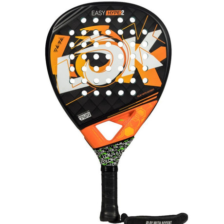 Lok Easy Hype 2 padelracket in zwart met oranje, vooraanzicht met polsband