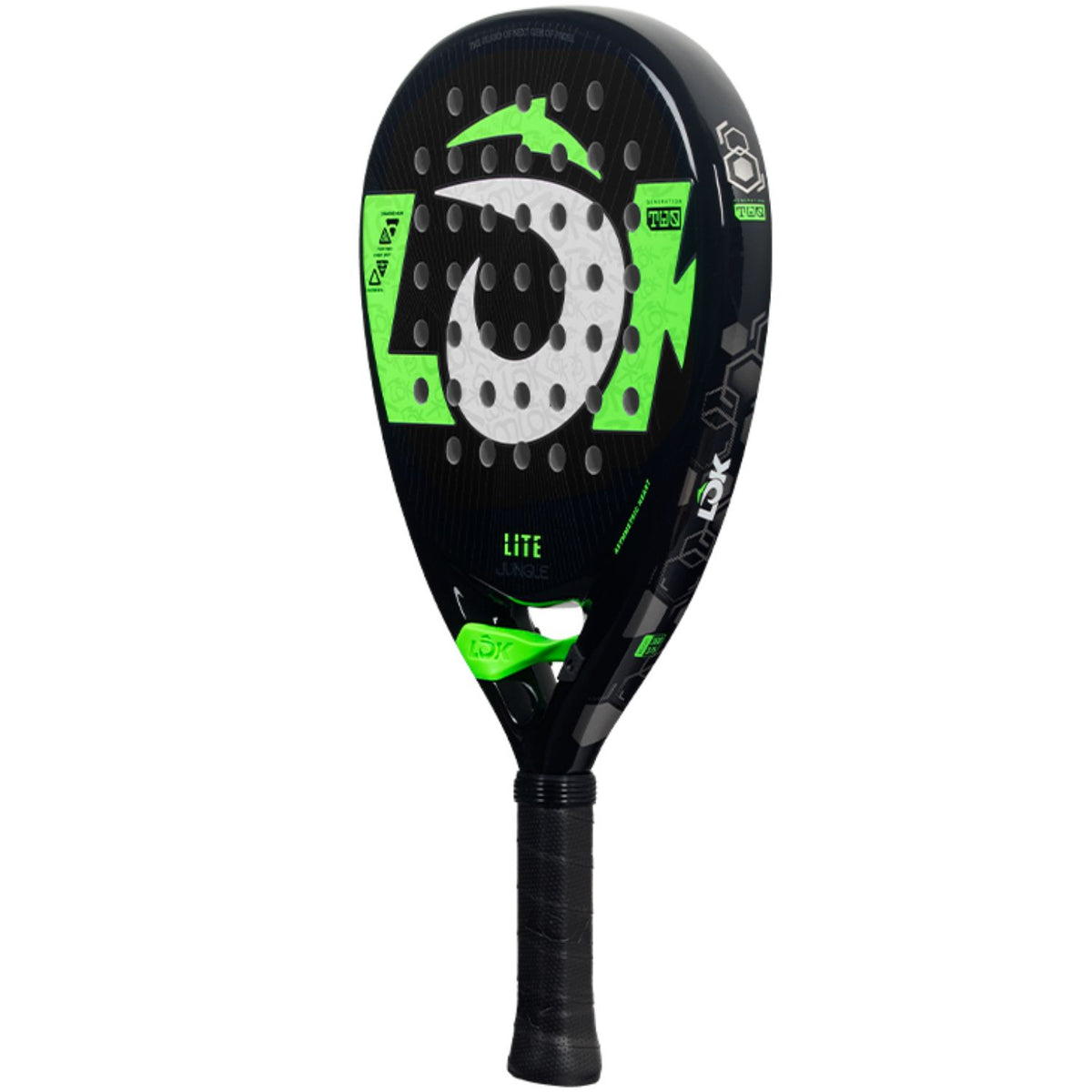 Lok Jungle Lite padelracket schuin vooraanzicht, diamantvorm in zwart met groen