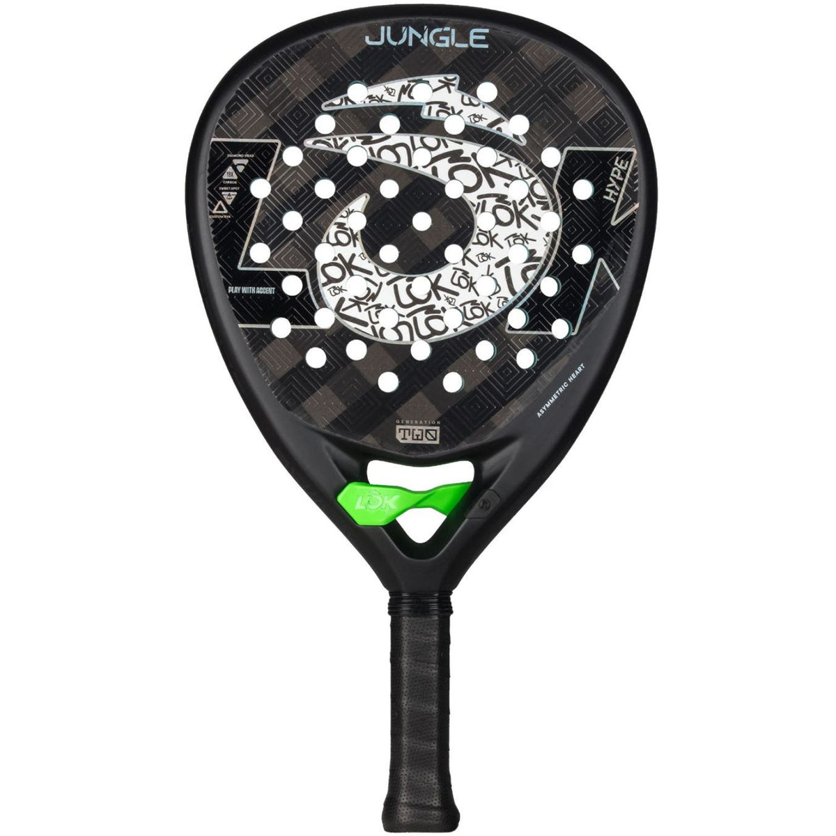 Lok Jungle padelracket in zwart met witte graffitiprint en groen hart, vooraanzicht