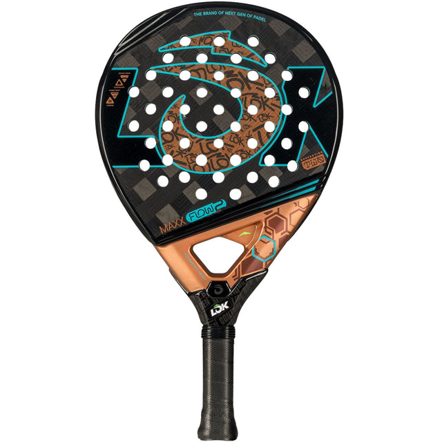 Lok Maxx Flow 2 padelracket in zwart met koperkleurig hart en turquoise print, vooraanzicht