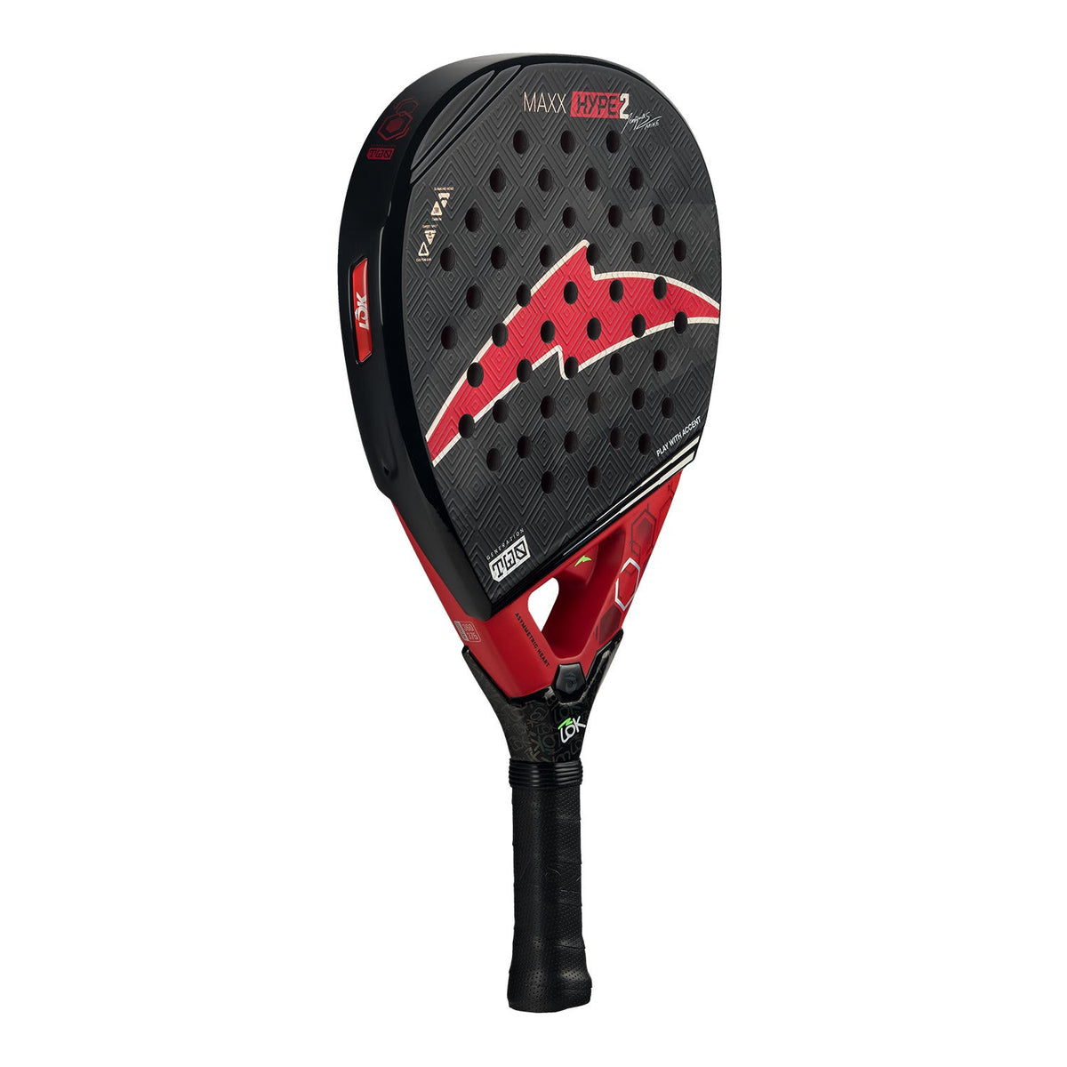 Lok Maxx Hype 2 padelracket schuin van achteren met rood pijlmotief op zwart