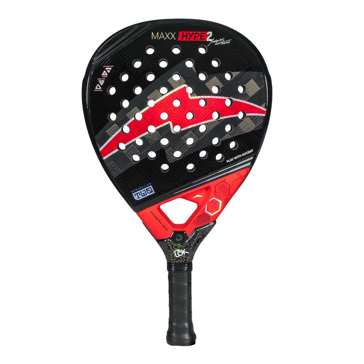 Achterzijde van het Lok Maxx Hype 2 padelracket in zwart met rood pijlmotief