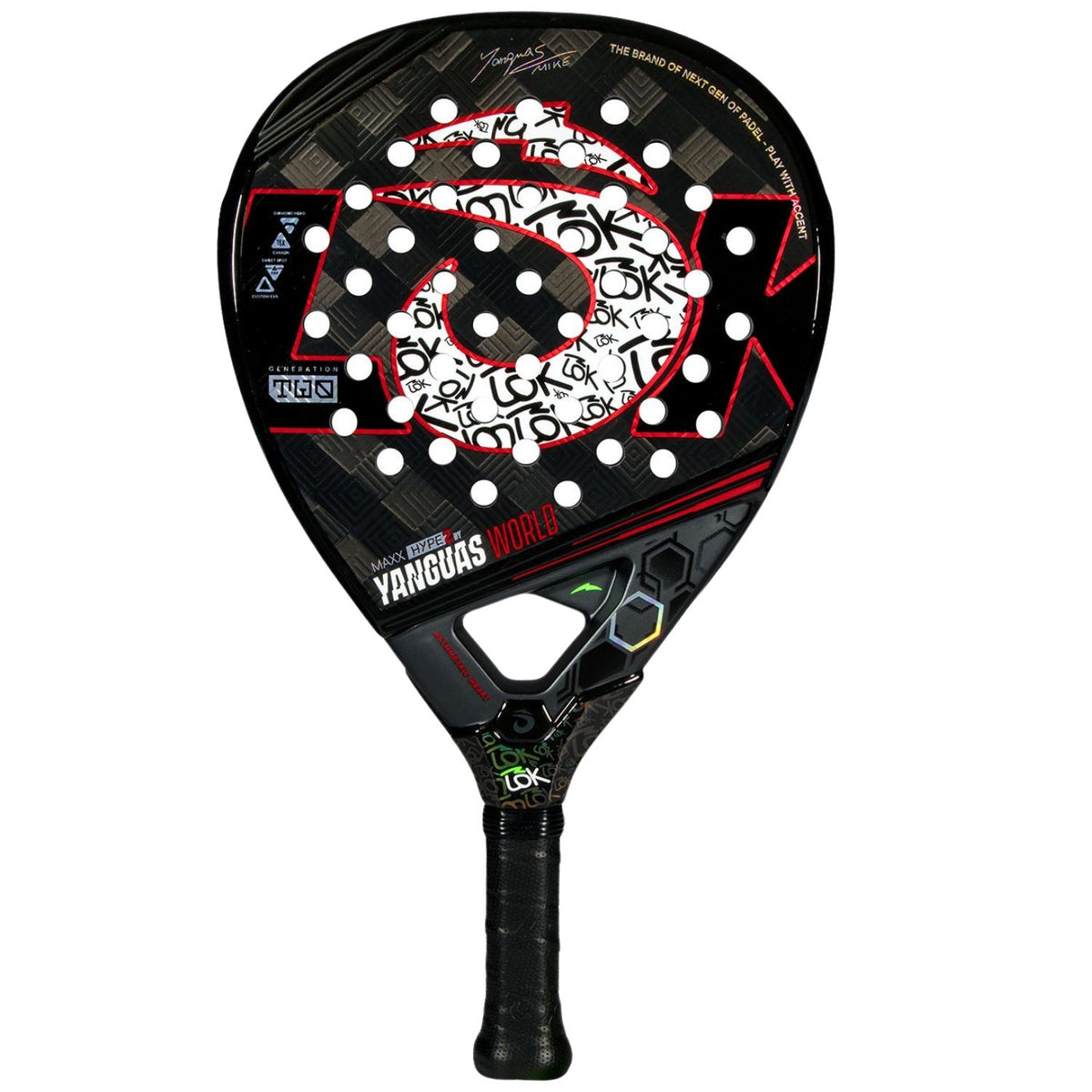 Lok Maxx Hype Yanguas World padelracket in zwart met witte spatprint en rode lijnen, vooraanzicht