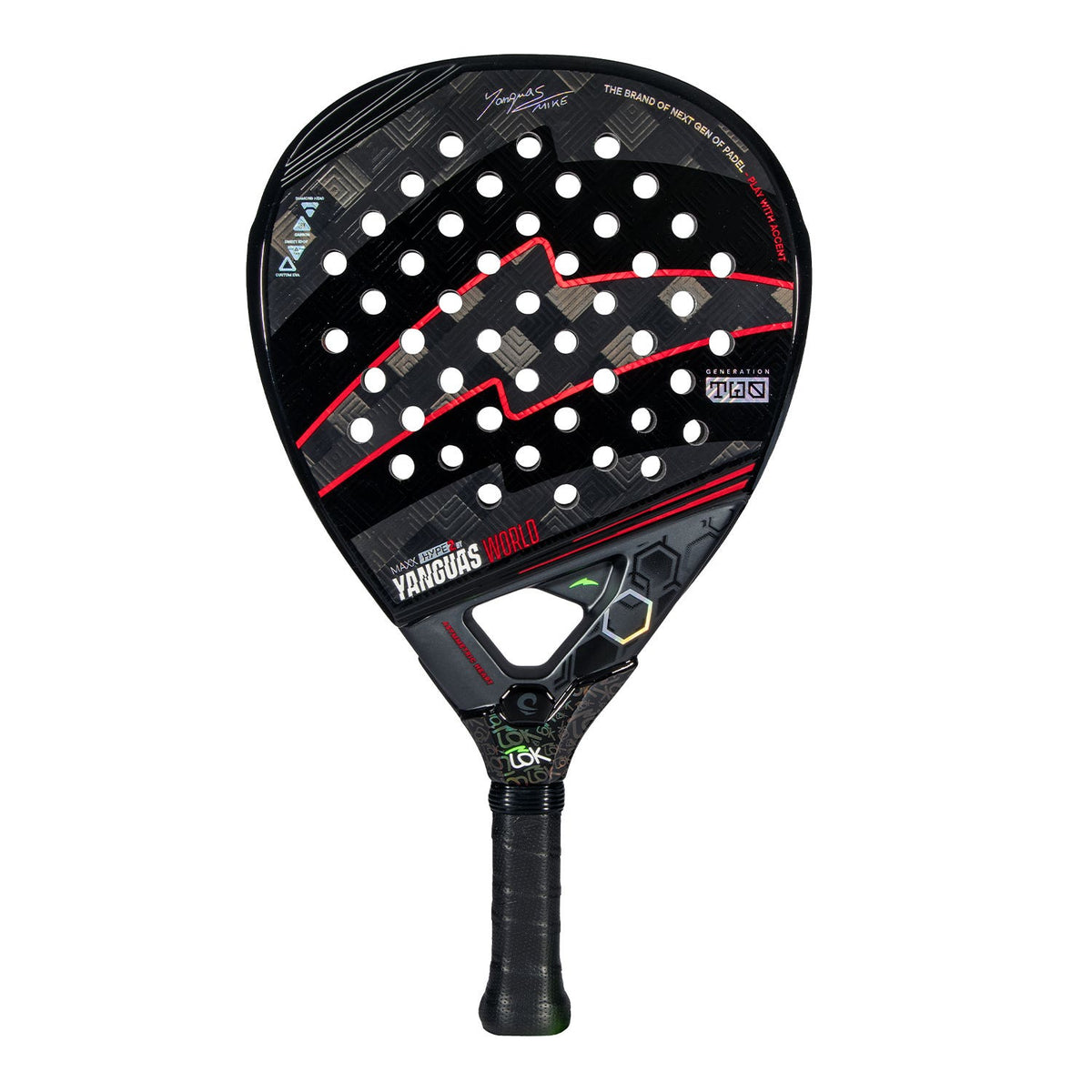 Achterzijde van het Lok Maxx Hype Yanguas World padelracket in zwart met rode lijnen