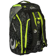Zijaanzicht van de zwarte Lok Maxx 2 racketbag met limegroene ritsen en grijs logopatroon