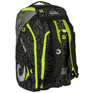 Zijaanzicht van de zwarte Lok Maxx 2 racketbag met limegroene ritsen en grijs logopatroon