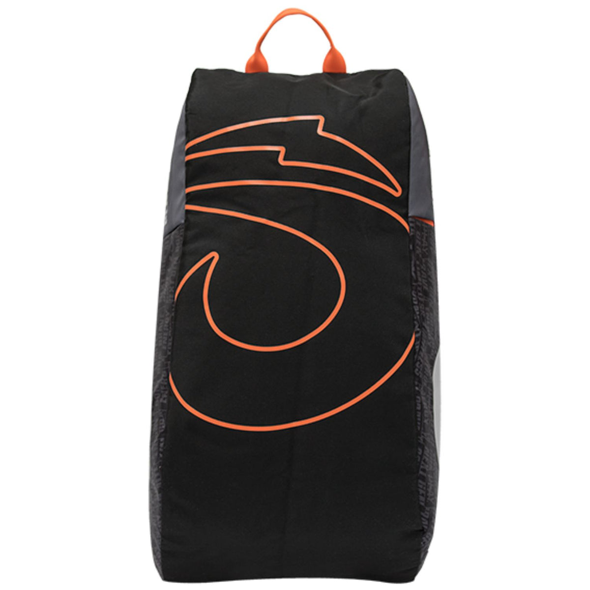 Rechtopstaande zwarte Lok One racketbag met oranje logo-opdruk en oranje handgreep