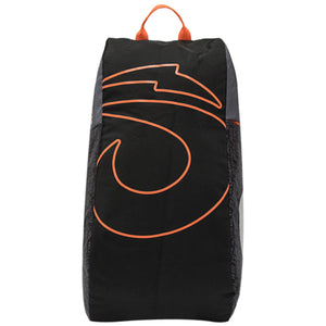 Rechtopstaande zwarte Lok One racketbag met oranje logo-opdruk en oranje handgreep